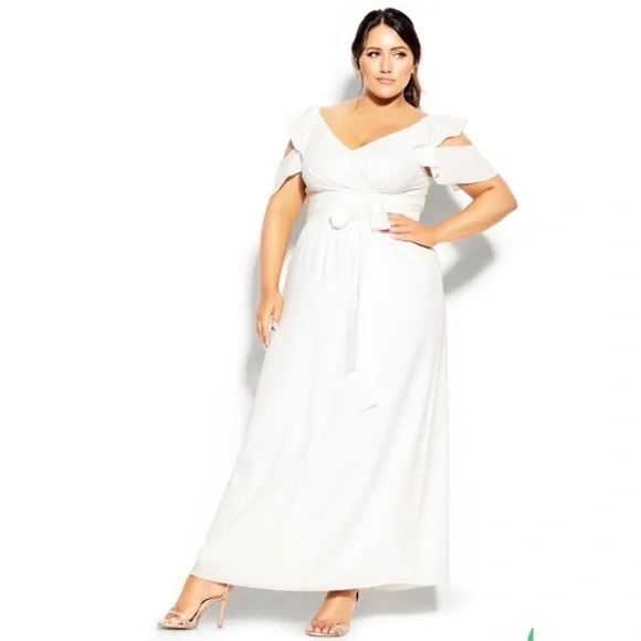 NWT City Chic White Ivory Frill Treasure Cold Shoulder Flutter Sleeve Maxi Sz 18 - Picture 2 of 9